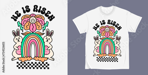 He is risen 90s Retro easter groovy cartoon character, easter bunny t shirt design vector. Hippie easter illustration for print