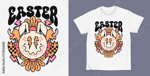 90s Retro easter groovy cartoon character, easter t shirt design vector. Hippie easter illustration for print