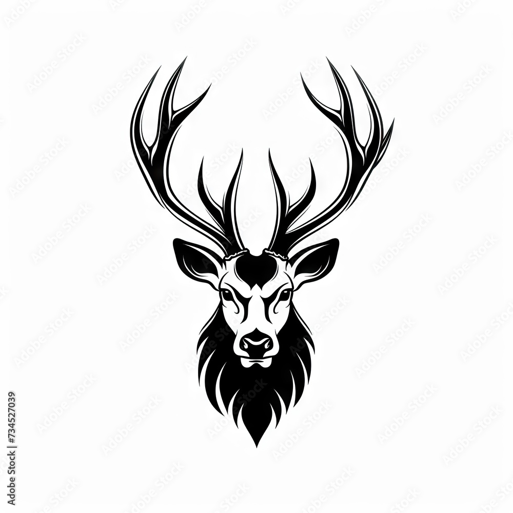 Naklejka premium Elegant Black and White Illustration of a Majestic Deer with Large Antlers, Perfect for Wall Art, Tattoos, or Logo Design
