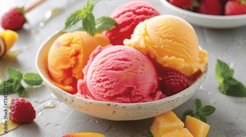 Fresh and Fruity, A bowl of vibrant sorbet made with real fruit chunks, generative AI