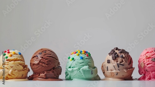 Creative Flavors Galore, lineup of unique and creative ice cream flavors, such as salted caramel swirl, mint chocolate chip and birthday cake, generative AI photo