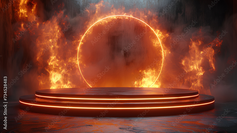 Empty podium stage with flames and smoke background