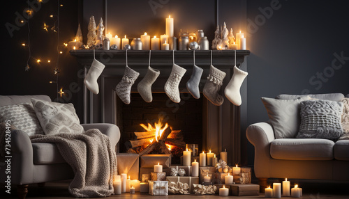 Cozy living room, illuminated by candlelight, celebrates winter season generated by AI