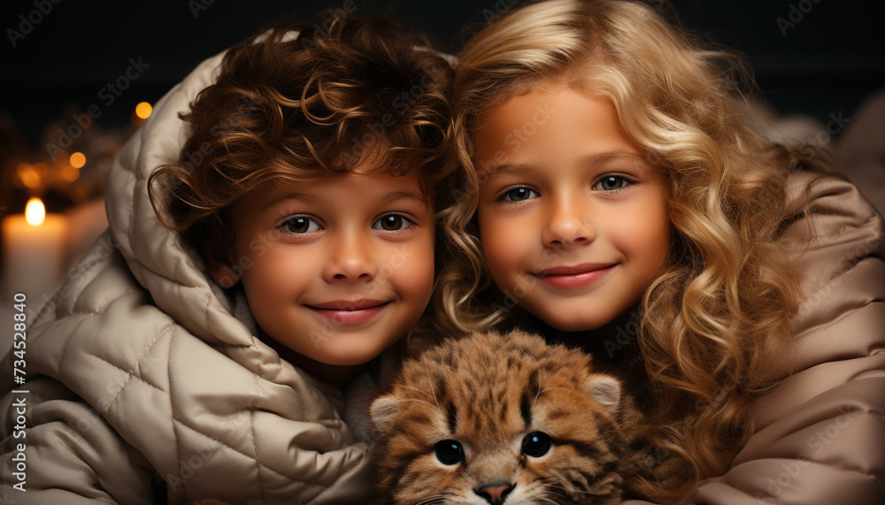 Cute children playing, smiling, embracing, looking at camera, joyful generated by AI Cute children playing, smiling, embracing, looking at camera, joyful generated by AI