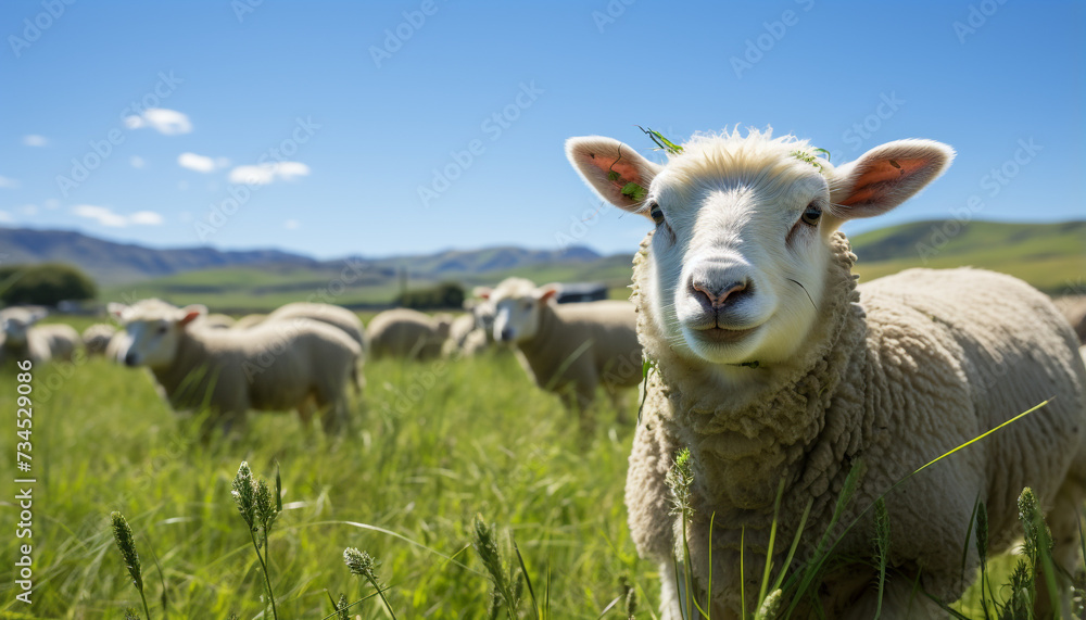 Obraz premium Cute lamb grazing in green meadow, surrounded by flock generated by AI