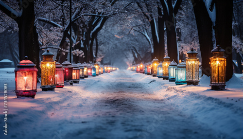 Winter night, snow lantern illuminates outdoors, nature tranquil scene generated by AI