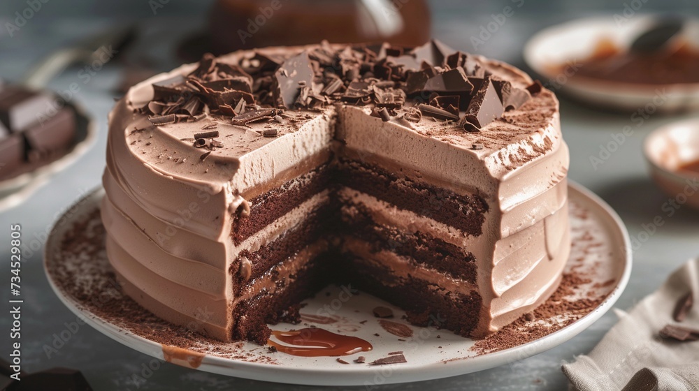 Decadent Indulgence, A chocolate ice cream cake cut open, generative AI Decadent Indulgence, A chocolate ice cream cake cut open, generative AI