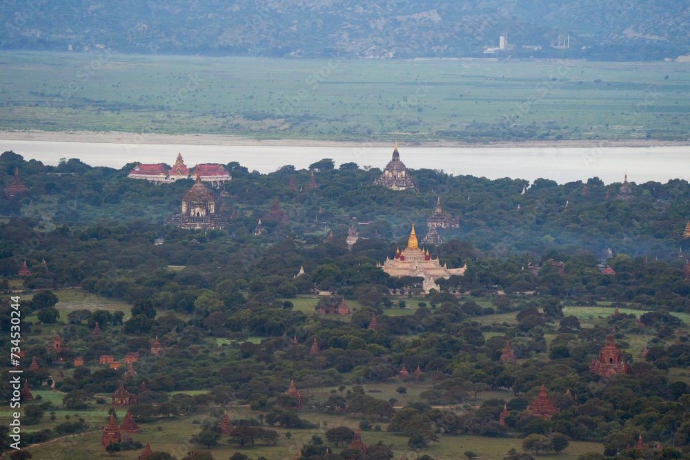 Aerial top view of burmese temples of Bagan City from a balloon, unesco ...