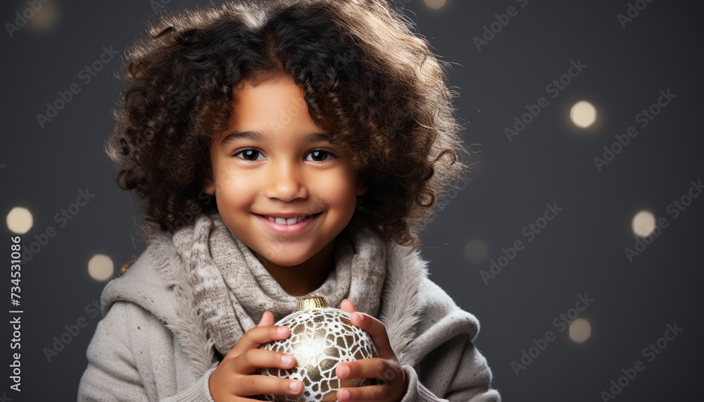 Naklejka premium Smiling child holding gift, celebrating winter with cheerful African girl generated by AI