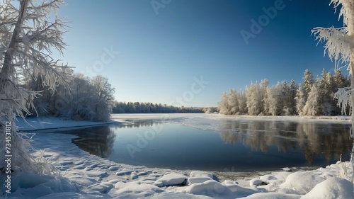 Frozen lakes or ponds landscape view for celebrations card from Generative AI © sevenSkies