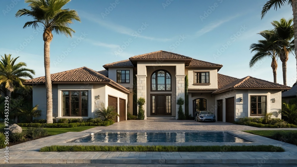 Luxury home in private community with paver block driveway, palm trees, greenery landscaping and swimming pool from Generative AI