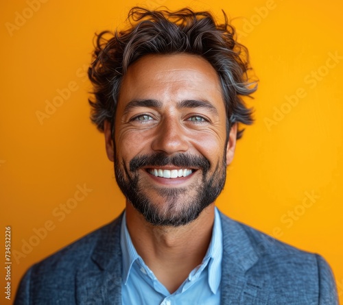 Portrait of handsome smiling businessman with suit in professional studio background © jiawei