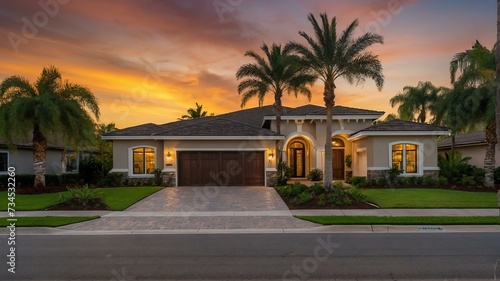 Luxury home in private community with paver block driveway, palm trees, and greenery landscaping at sunset from Generative AI