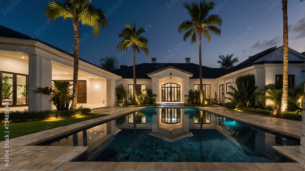 Luxury home with paver block driveway, palm trees, greenery landscaping and swimming pool at night from Generative AI