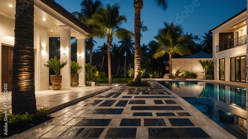 Luxury home with paver block driveway, palm trees, greenery landscaping and swimming pool at night from Generative AI © sevenSkies