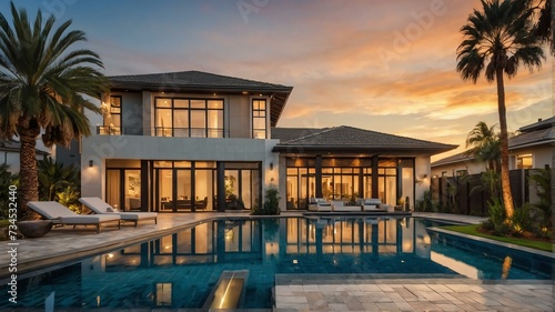 Luxury home with paver block driveway, palm trees, greenery landscaping and swimming pool at sunset from Generative AI © sevenSkies