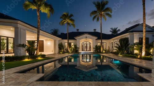 Luxury home with paver block driveway, palm trees, greenery landscaping and swimming pool at night from Generative AI photo