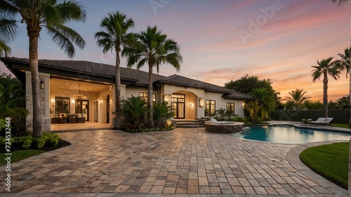 Luxury home with paver block driveway, palm trees, greenery landscaping and swimming pool at sunset from Generative AI