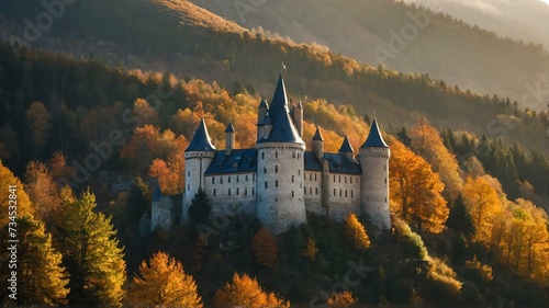 Peaceful and tranquil autumn photo of a castle in the mountains at morning with sunlight rays from Generative AI photo