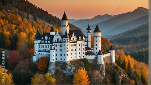 Peaceful and tranquil autumn photo of a castle in the mountains at sunset from Generative AI