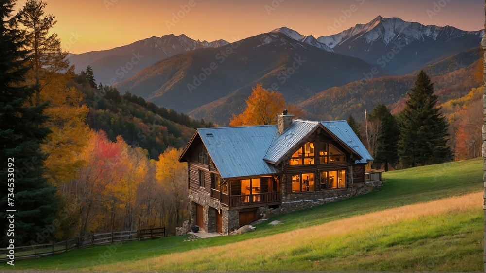 Peaceful and tranquil autumn photo of a house in the mountains at sunset from Generative AI