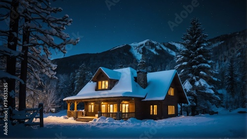 Peaceful and tranquil snowy winter photo of a house in the mountains at night from Generative AI © sevenSkies