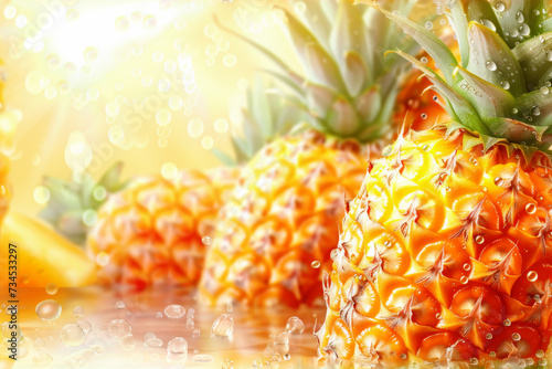 Close up ripe Pineapples in water with drops against neutral light background, embodying freshness and vitality of healthy diet. Concept of vegan or vegetarian diet, tropical fruits and harvest