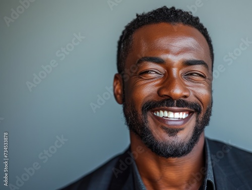 Portrait of handsome smiling African American businessman with suit in professional studio background © jiawei
