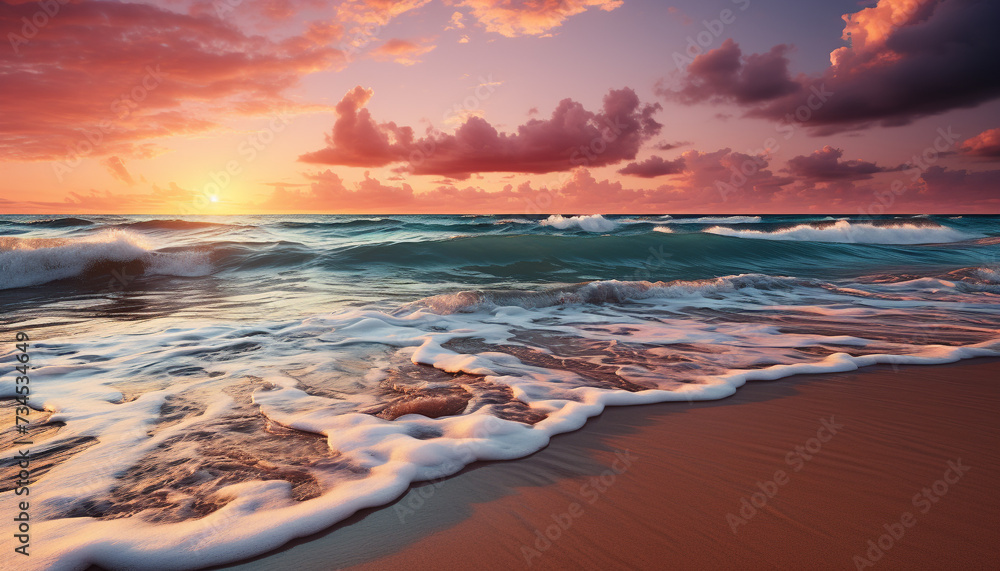 Sunset over the water, waves crash on sandy shore generated by AI Sunset over the water, waves crash on sandy shore generated by AI