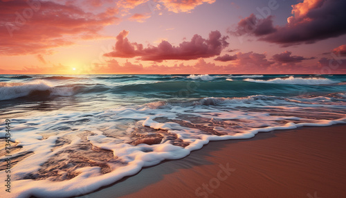 Sunset over the water, waves crash on sandy shore generated by AI