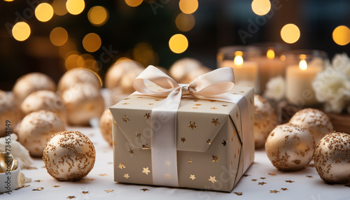 A glowing gold package illuminates the elegant Christmas decor generated by AI