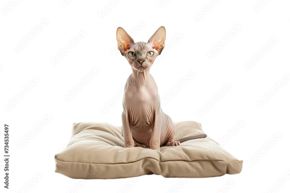 Sphynx hairless cat sitting on a floor cushion, looking directly at the camear. Isolated on transparent background.