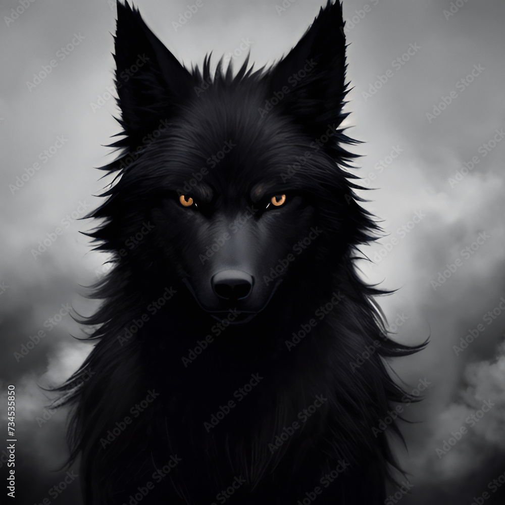 Black Wolf against the background of fog Black Wolf against the background of fog