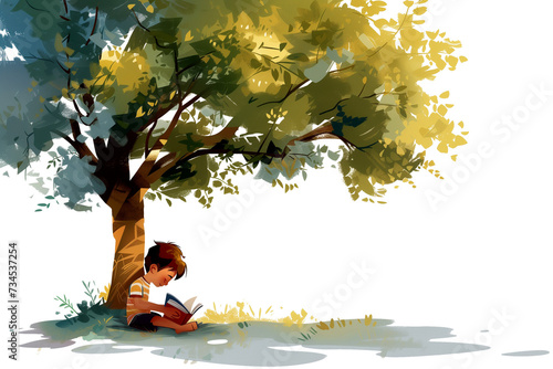 Cartoon illustration of children studying under a tree. evidence of education, and the importance of children learning photo