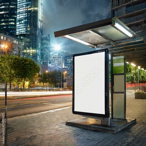 blank billboard at night,  a blank white vertical digital billboard poster adorning a bus stop sign. Against the backdrop of the bustling city streets at night, this mockup