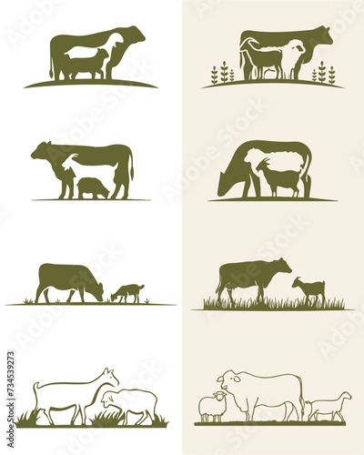 Cattle Angus Cow, sheep, goat and Grass silhouette livestock farm logo design collection