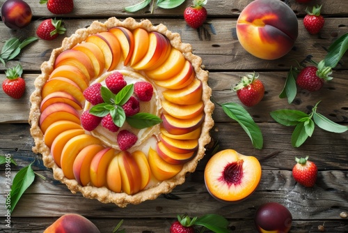 Above view of wooden background with fresh fruit and peach tart