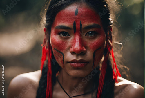 Mulher indígena brasileira, com o rosto pintado de vermelho photo