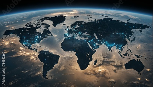 Satellite view of Earth, with continents outlined by digital shields, representing global cyber defense against emerging threats, the constant flow of data and potential security breaches. Technology