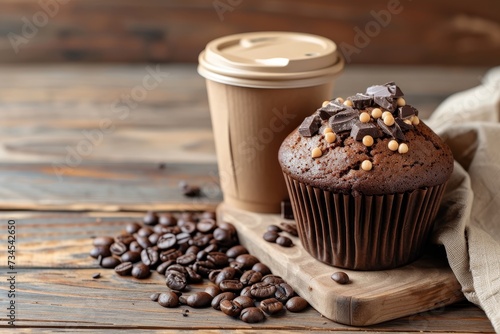Coffee and chocolate muffin on wooden background for advertisement