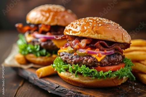 Closeup shot of bacon burgers with fries cheese onions and tomato on wooden table