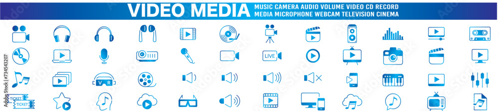 Video line icon set. camera, movie, video, music, cinema, audio, play, pause, media, content, live, production, player, collection vector
