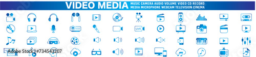 Video line icon set. camera, movie, video, music, cinema, audio, play, pause, media, content, live, production, player, collection vector