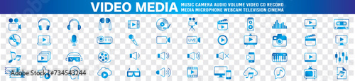 Video line icon set. camera, movie, video, music, cinema, audio, play, pause, media, content, live, production, player, collection vector
