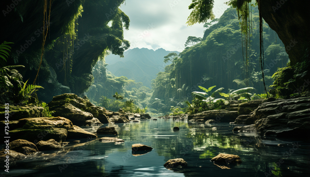 Tranquil scene  green forest, flowing water, reflecting mountain range generated by AI