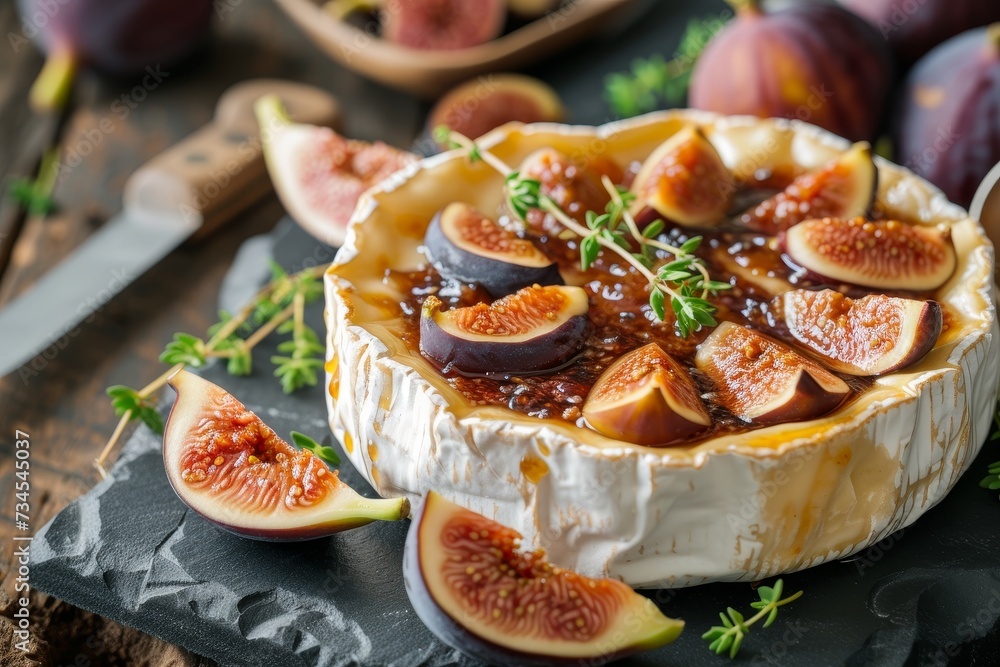 Camembert cheese with figs and room for additional elements Camembert cheese with figs and room for additional elements