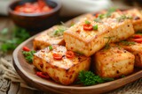Chili topped fried tofu on wooden plate blurry