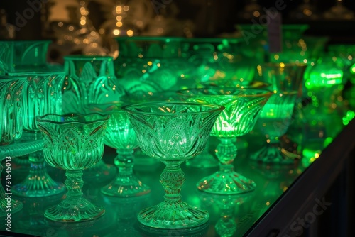 Art deco table with UV lit uranium glass emits green fluorescence photo