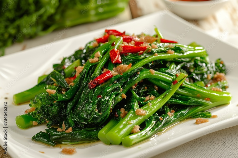 Chinese broccoli stir fried with sun dried salted fish and oyster sauce served on a white plate Chinese broccoli stir fried with sun dried salted fish and oyster sauce served on a white plate