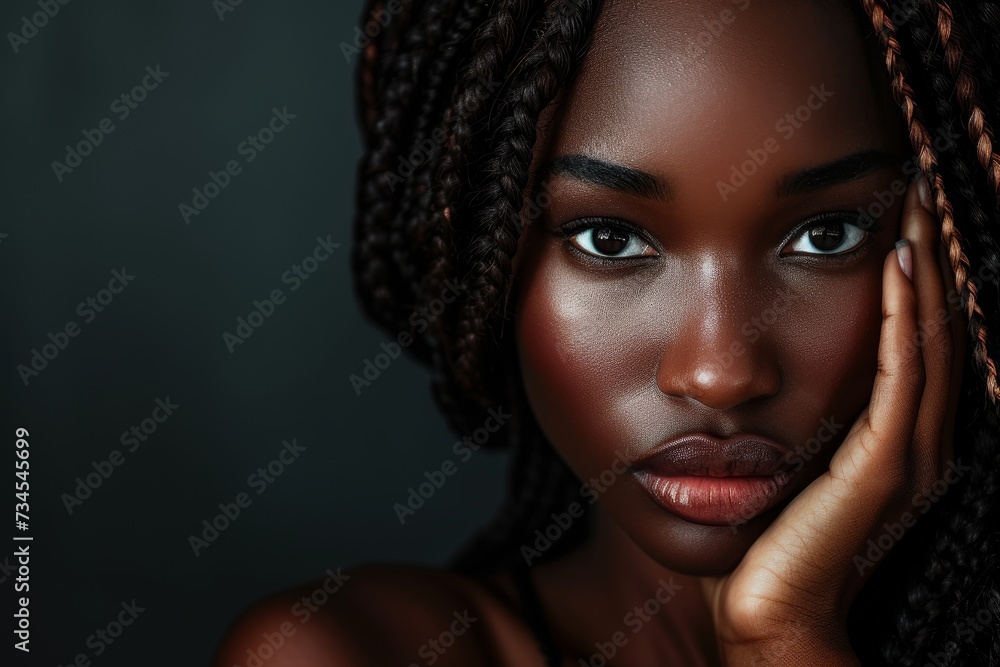 Close up portrait of attractive African woman with braided hair and alluring expression against a dark backdrop Close up portrait of attractive African woman with braided hair and alluring expression against a dark backdrop